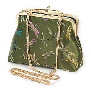 Green Dragonfly Pattern Gold Tone Clutch Handbag Evening Purse Fairycore